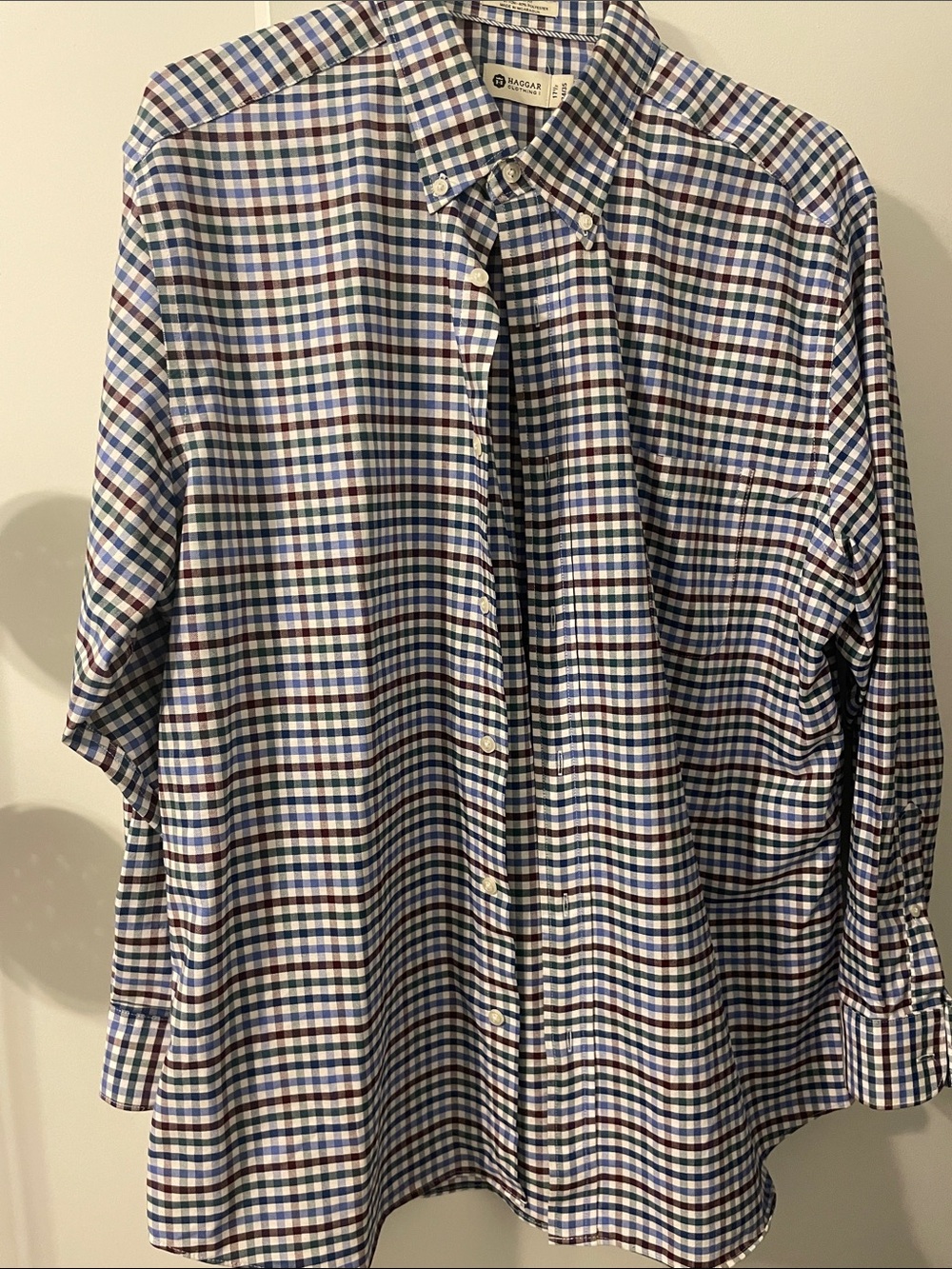 Haggar Men’s multi gingham fancy pinpoint Oxford long sleeve regular fit shirt